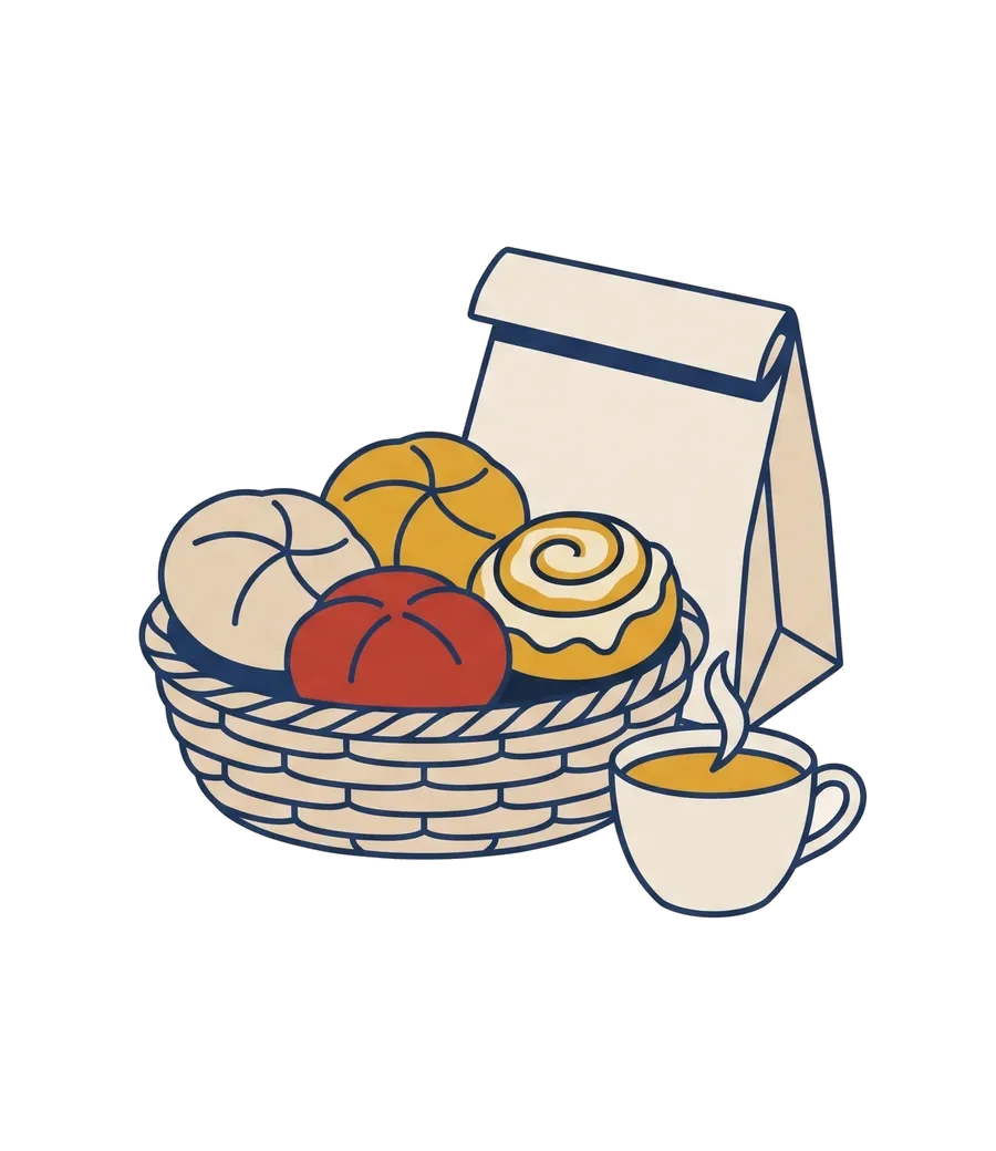 Illustration af friskbagte boller i en kurv og en kop kaffe