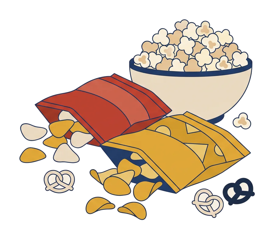 Illustration af chipsposer, popcorn og kringler
