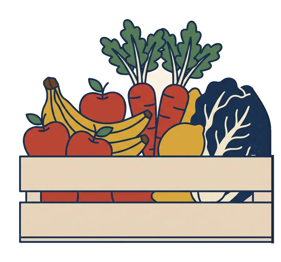 Illustration af en trækasse med æbler, bananer, gulerødder og salat