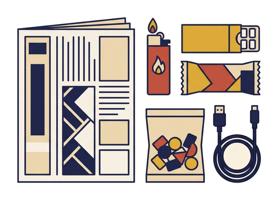 Illustration af avis, lighter, tyggegummi, slik og ladekabel