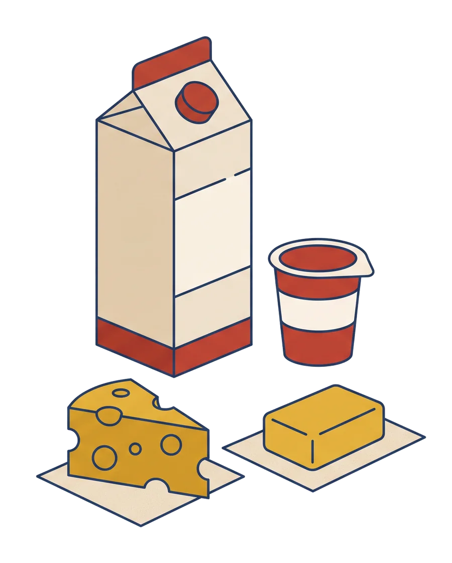Illustration af mælkekarton, yoghurt, ost og smør