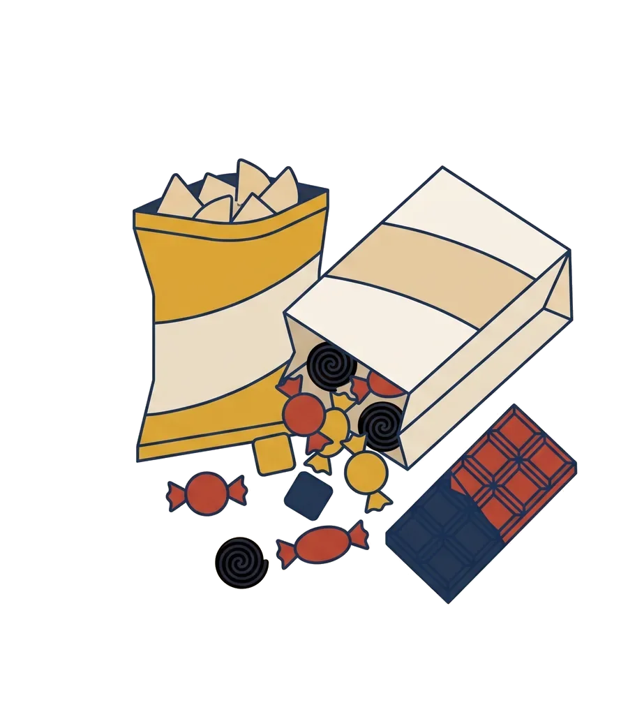 Illustration af slik, chips og chokolade