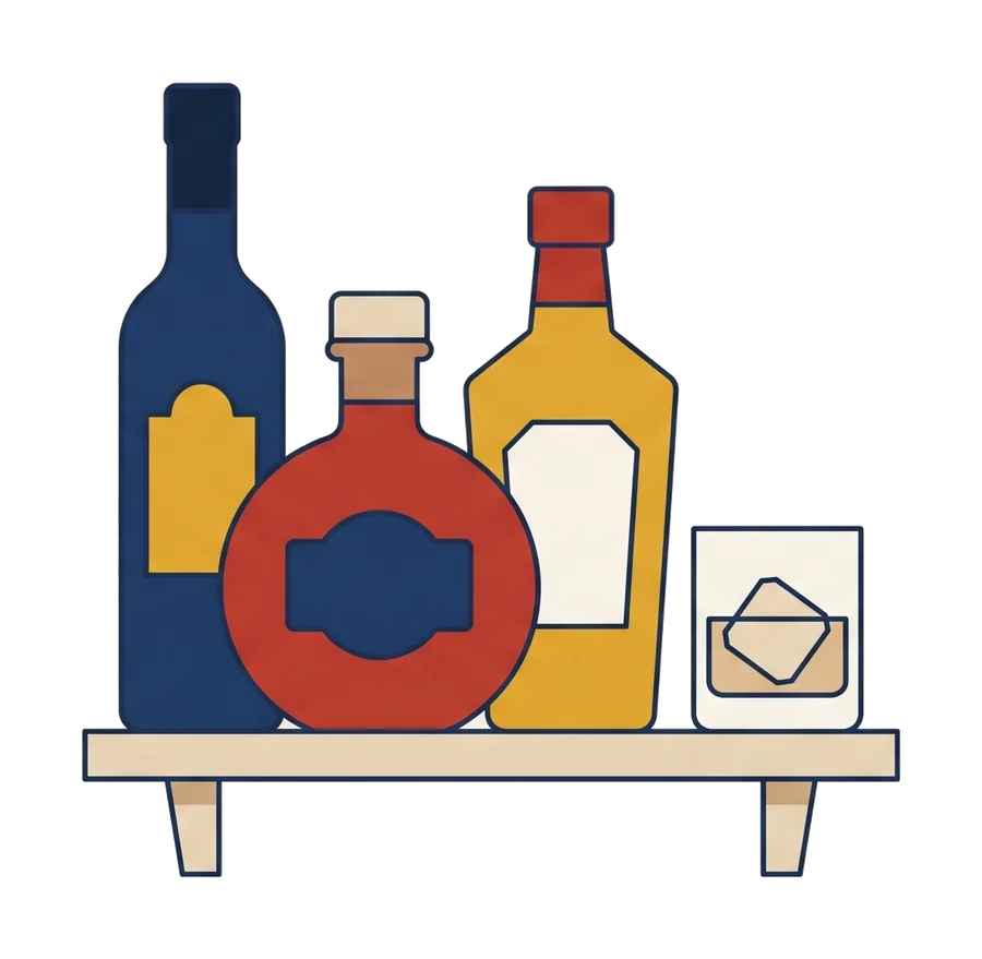 Illustration af spiritusflasker og et glas med is på en hylde