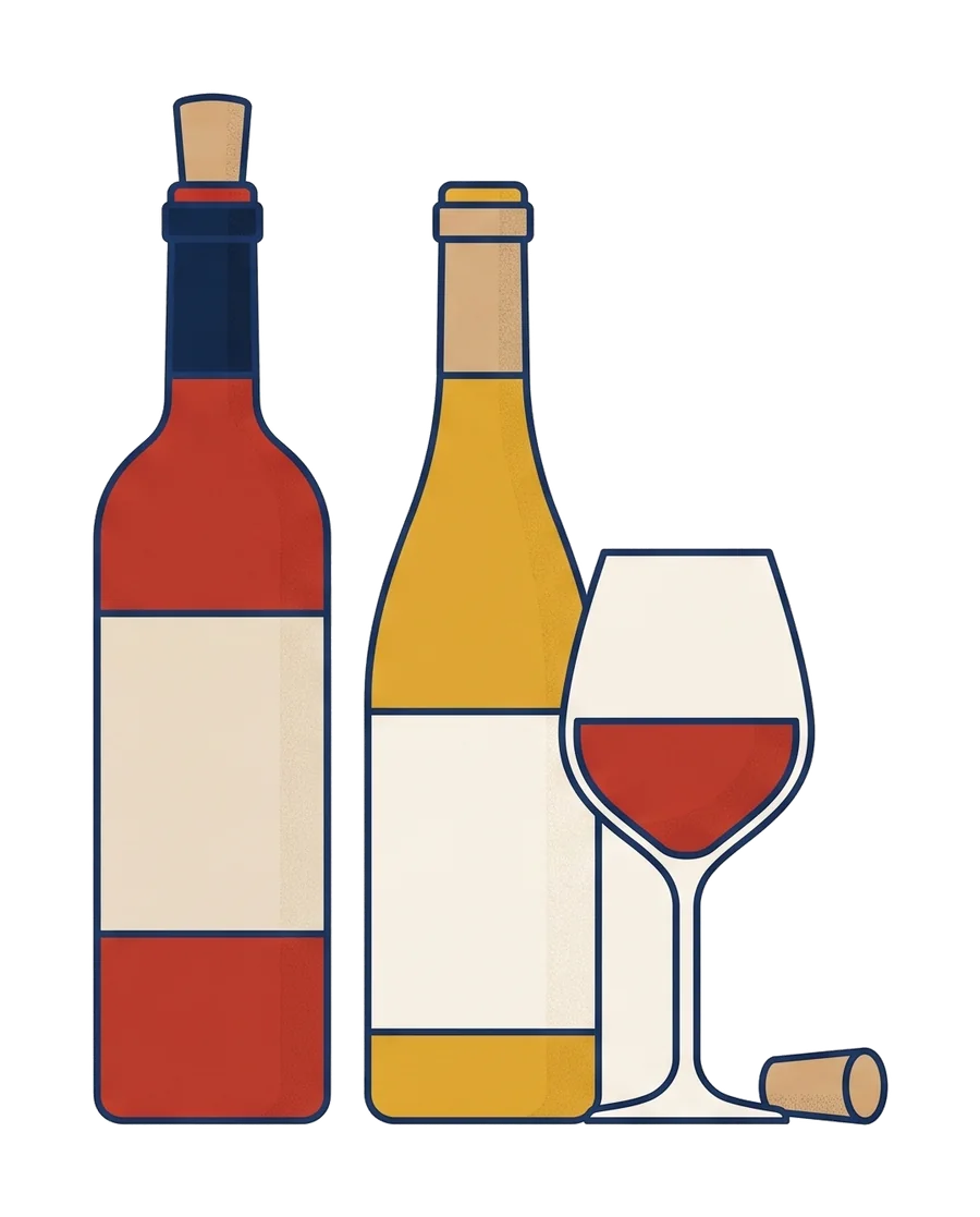 Illustration af rødvin, hvidvin og et vinglas